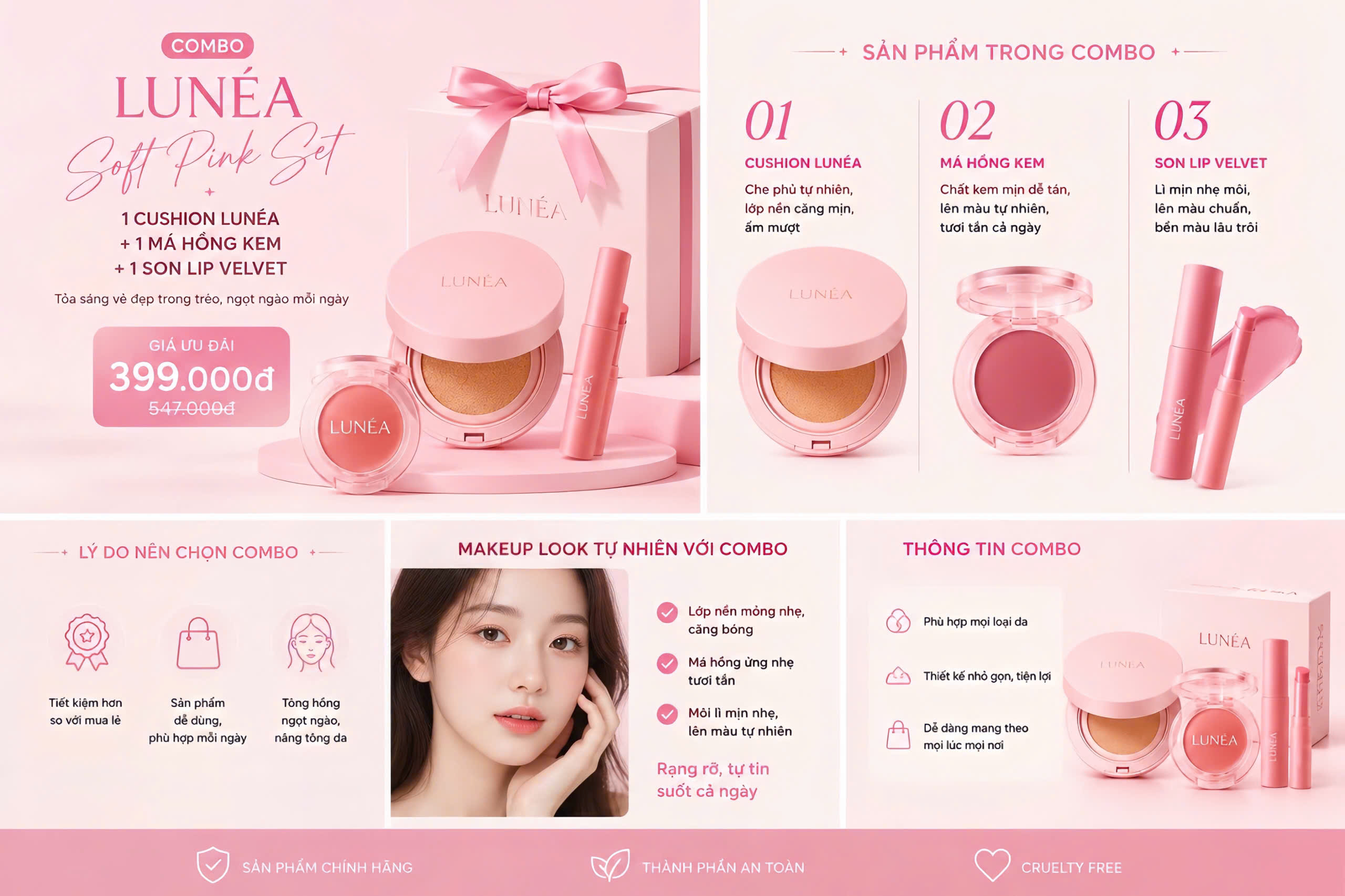 LUNÉA Everyday Glow Combo 01 Son Lip Veil Balm 01 Má hồng kem Cushion Blush
