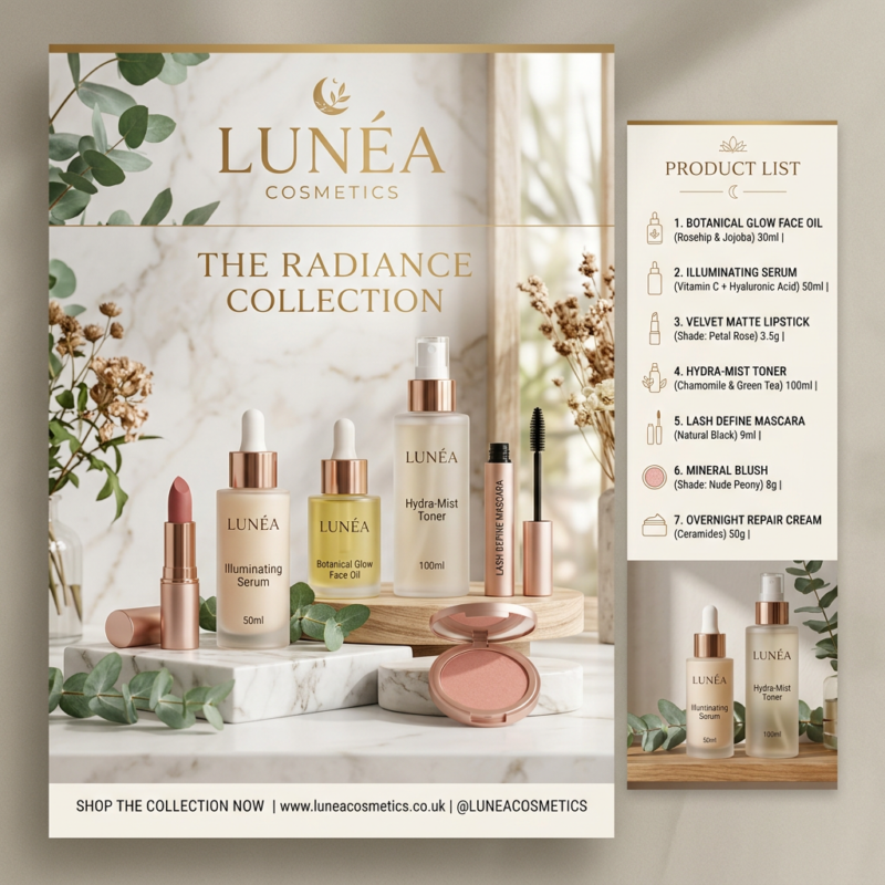 Skincare and makeup products from Lunéa Cosmetics Radiance Collection with labels